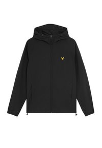Veste imperméable noire avec capuche, dotée d'une fermeture éclair sur le devant, de deux poches latérales et d'un petit logo jaune sur la poitrine. Texture lisse.