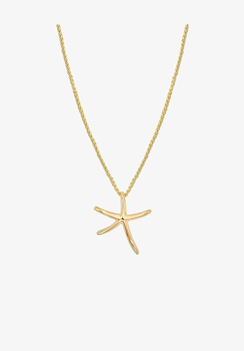 Kuldne meritäht ripats keeratud kullaketil, millel on siledad, läikivad pinnad ja viis erinevat käppa, presenting mereteemaline disain.