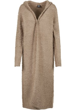 Beige hooded cardigan made of soft, fluffy yarn. Features a long, open front and long sleeves, with a textured, fuzzy surface.