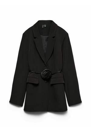 Melns žakete ar strukturētu dizainu. Ir atloks apkakle, priekšējā poga aizdare un ziedu akcenti viduklī. Gluda auduma.