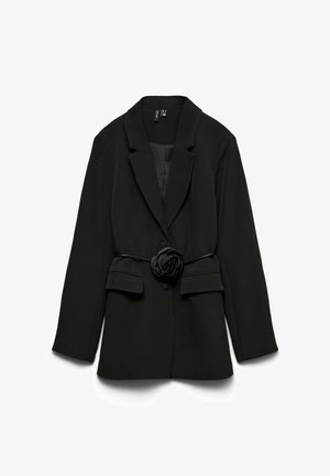 Black blazer with a structured design. Features a lapel collar, front button closure, and a floral accent at the waist. Smooth fabric.