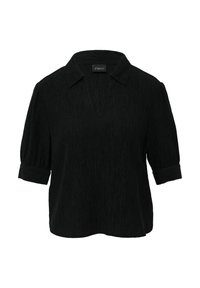 Chemise noire à col avec col en V, manches courtes, tissu texturé et poignets de manches retroussés. Caractérisée par une coupe ample et un design simple.