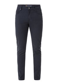 Marineblaue Slim-Fit-Hosen aus strukturiertem Stoff mit einem dezenten Karomuster, ausgestattet mit einem Knopfverschluss und Gürtelschlaufen.