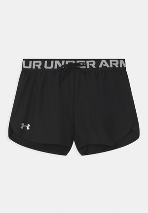 Pantalones cortos deportivos negros con una cintura elástica y cordón, con el logo "UNDER ARMOUR" en gris, hechos de una tela suave y de corte relajado.