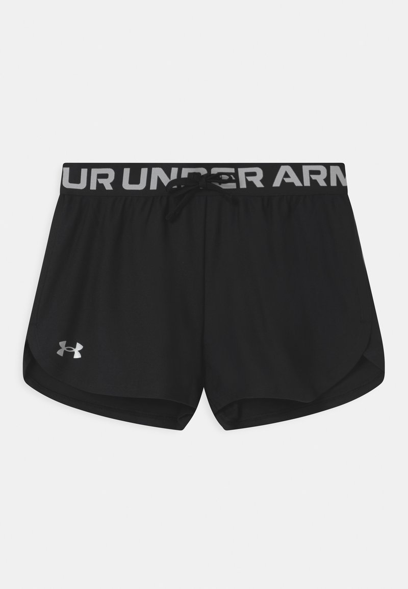 Pantalones cortos deportivos negros con una cintura elástica y cordón, con el logo "UNDER ARMOUR" en gris, hechos de una tela suave y de corte relajado.