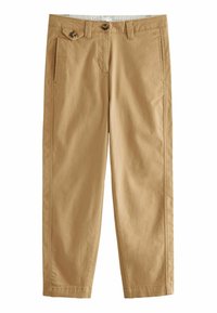 Khaki kalhoty vyrobené z lehké látky, s rovnou nohavicovou siluetou, dvěma předními kapsami a zapínáním na dva knoflíky v pase.