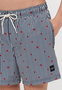 Bañador de rayas azul marino y blanco con estampado de langostas rojas, cintura elástica con cordón, y bolsillos laterales. Etiqueta de la marca negra en el dobladillo.