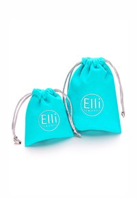 Türkiissinised kangast kotikesed, üks suurem ja üks väiksem, hõbedaste tõmblukkudega ja trükitud logoga "Elli WE ♥ JEWELS." Sile tekstuur, pehme disain.