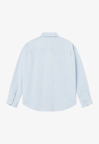 Himmelblaues Langarmhemd, mit geknöpften Manschetten, Rückennaht, abgerundetem Saum, aus Baumwollmaterial, glatter Textur und klassischem Schnittdesign.