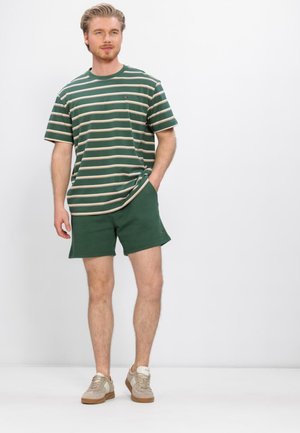 Hombre con camiseta de rayas verdes y beige, pantalones cortos verdes y zapatillas beige, de pie con una mano en el bolsillo.