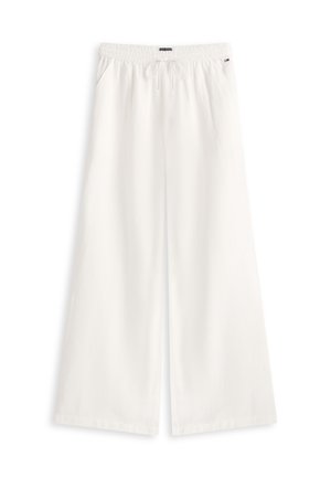 Λευκά παντελόνια με φαρδύ πόδι, ελαστική μέση με κορδόνι, με πλαϊνές τσέπες και διακριτική λεπτομέρεια λογότυπου κοντά στη μέση.