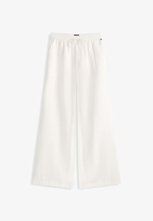 Λευκά παντελόνια με φαρδύ πόδι, ελαστική μέση με κορδόνι, με πλαϊνές τσέπες και διακριτική λεπτομέρεια λογότυπου κοντά στη μέση.