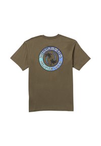 Camiseta de algodón verde oliva con un gráfico circular que presenta palmeras y "BILLABONG SINCE 1973" en azul y negro en la parte posterior.