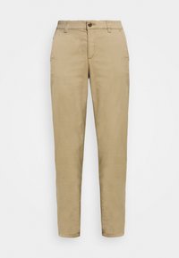 Chino kaki con vestibilità slim, dotati di chiusura con bottone, passanti per la cintura e tasche standard; realizzati in tessuto di cotone leggero.