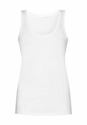 Hvid ærmeløs tanktop lavet af glat bomuldsstof. Har en rund udskæring og tætsiddende design. Ingen mønstre eller forskønnelser.