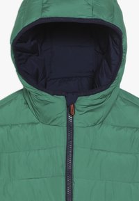 Zielona kurtka puchowa z granatowym wykończeniem na kapturze, z centralnym suwakiem i pikowaną teksturą dla lepszej izolacji. Dodatkowym detalem jest metka z logo.