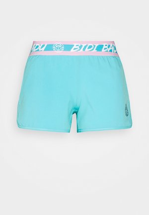Lyseblå atletiske shorts med lyserød og blå elastik i taljen med logo og lille logo på højre nederste ben.