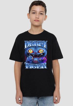 Black cotton t-shirt featuring a colorful graphic with cartoon animals and the text "DERPY TIGER." Relaxed fit with short sleeves.