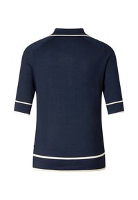 Navy blue short-sleeve shirt with white trim on collar, cuffs, and hem, shown from the back on a white background.