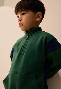 Grøn og navy fleece pullover med højt krave, halvlukning og frontlomme. Glat tekstur og afslappet pasform.