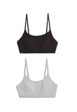 Les soutiens-gorge noir et gris présentent des bretelles ajustables, un design sans couture et une texture de tissu douce. Le soutien-gorge noir est au-dessus, et le gris en dessous.
