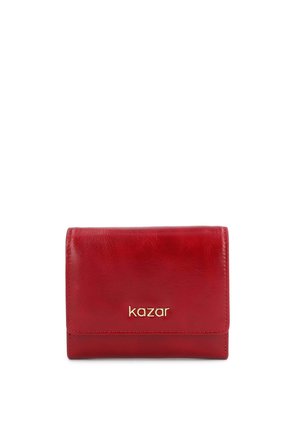 Red leather wallet with gold "kazar" logo centered on the front flap, closed and displayed against a white background.