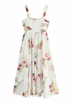 Kleid mit Blumenmuster, das rosa Blumen auf weißem Hintergrund zeigt und aus leichtem Stoff gefertigt ist. Es hat breite Träger und einen ausgestellten Rock.