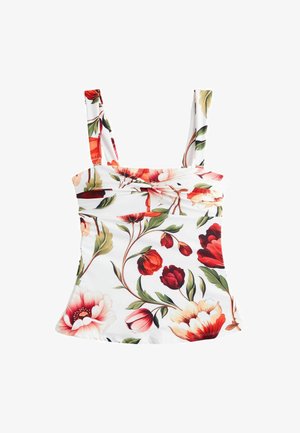 Virágos ujjatlan felső, piros és rózsaszín virágokkal fehér alapon. Puha anyag, vékony pántokkal és testhez simuló felső résszel, amely a szegélyén bővül.