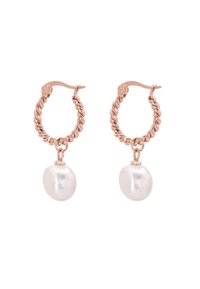 Roségold-Ohrhänger haben ein gedrehtes Design mit einem einzelnen, hängenden weißen Perlenakzent. Die Ohrringe sind leicht und elegant.