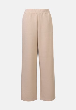 Beige wide-leg pants made of soft fabric, featuring an elastic waistband, side pockets, and a smooth texture with no patterns.