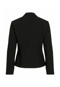 Černý ušitý blazer s jedním zadním rozparkem, dlouhými rukávy, ostrými klopami a hladkou texturou látky. Čistý design, bez viditelných zapínání.