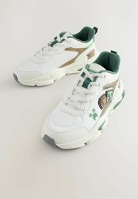 Belo-zeleni športni copati z bež poudarki, mrežastimi in usnjenimi paneli, vezalkami in okrasnimi obliži na svetli podlagi.