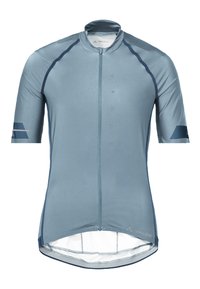 Maillot de cyclisme bleu clair à manches courtes, avec une fermeture éclair intégrale et un col haut. Il présente des accents foncés et un logo de marque. Tissu lisse et évacuant l'humidité.