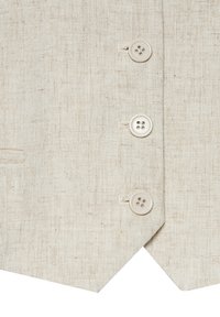 Beige Leinenweste mit einem V-förmigen Saum, vier Knopfverschlüssen aus hellem Kunststoff und einer subtilen Textur.