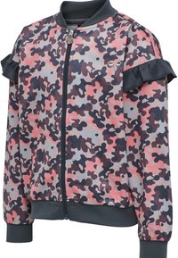 Wielokolorowa kurtka bomberka w wzór kamuflażu w odcieniach różu, szarości i ciemnego fioletu. Posiada falbaniaste rękawy oraz zamek błyskawiczny.