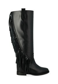 Botte en cuir noir montante, avec une finition lisse, présentant des détails de franges longues sur le côté extérieur et un petit talon empilé.