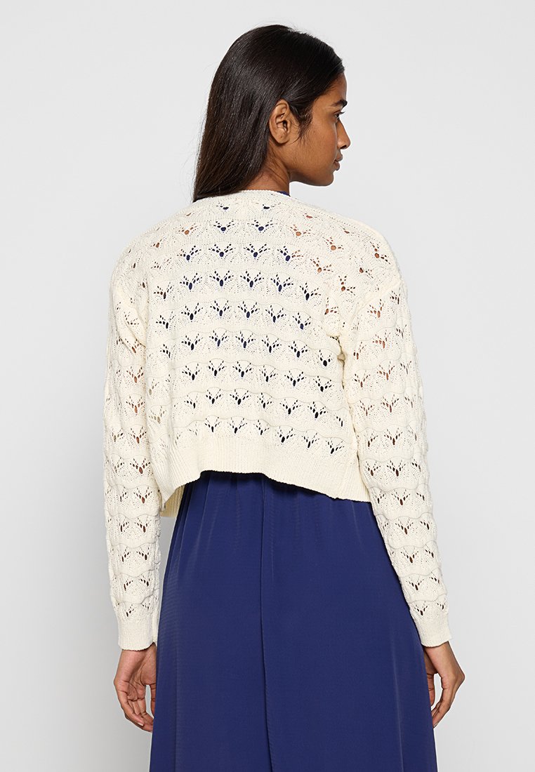 Kremowy krótki sweter dzianinowy z ażurowym wzorem i długimi rękawami. Teksturowany design zawiera delikatne motywy liści przez cały materiał.