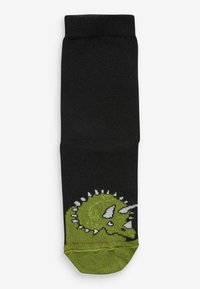 Schwarze Socke mit einem grünen Dinosaurier-Graphic im unteren Bereich, strukturiertem Strickdesign und einem gerippten Bündchen oben.