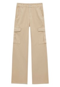 Beige cargo kalhoty s volným střihem, obsahující dvě boční kapsy a dvě cargo kapsy, vyrobené z pevné bavlněné tkaniny.