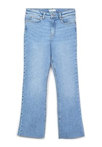 Jeans a campana in denim azzurro chiaro con vita media, cinque tasche e una texture leggermente sbiadita. Cuciture decorative lungo le cuciture.