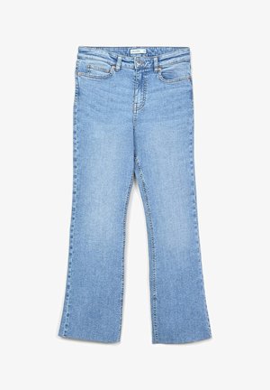 Jeans a campana in denim azzurro chiaro con vita media, cinque tasche e una texture leggermente sbiadita. Cuciture decorative lungo le cuciture.