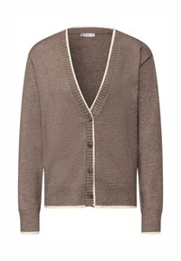 Cardigan marrón de punto con escote en V, presentado con un ribete de color crema y seis botones marrones en la parte delantera. Talle estándar, mangas largas.
