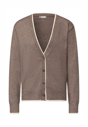 Cardigan lavorato a maglia marrone con scollo a V, caratterizzato da un bordo a coste color crema e sei bottoni marroni sul davanti. Vestibilità standard, maniche lunghe.