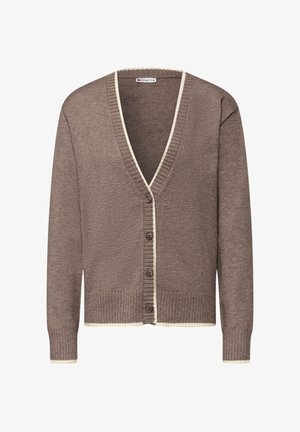 Cardigan lavorato a maglia marrone con scollo a V, caratterizzato da un bordo a coste color crema e sei bottoni marroni sul davanti. Vestibilità standard, maniche lunghe.
