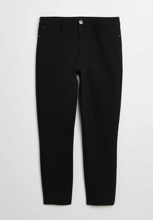 Black pants made from stretch fabric, featuring a fitted design, front pockets, a button closure, and subtle stitching details.