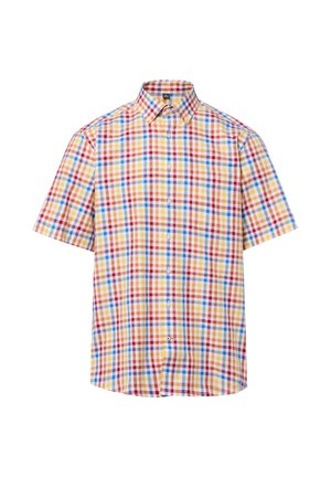 Korte mouwen overhemd met knopen en een meerkleurig geruit patroon in rood, geel, blauw en wit op een witte achtergrond.