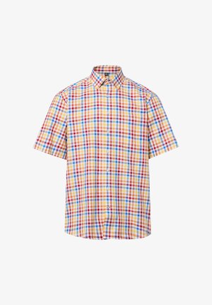 Kurzärmeliges Hemd mit Knopfleiste und kariertem mehrfarbigem Muster in Rot, Gelb, Blau und Weiß auf weißem Hintergrund.