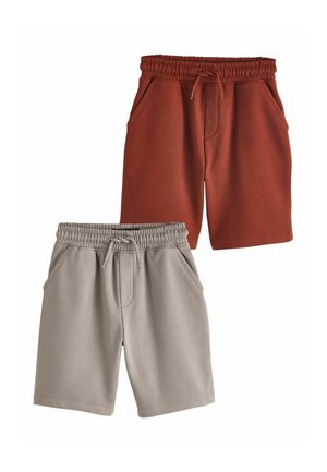 Zwei Paare Shorts mit elastischem Bund und Kordelzug, eines in Rostrot und eines in Beige, beide mit Seitentaschen, vor weißem Hintergrund.