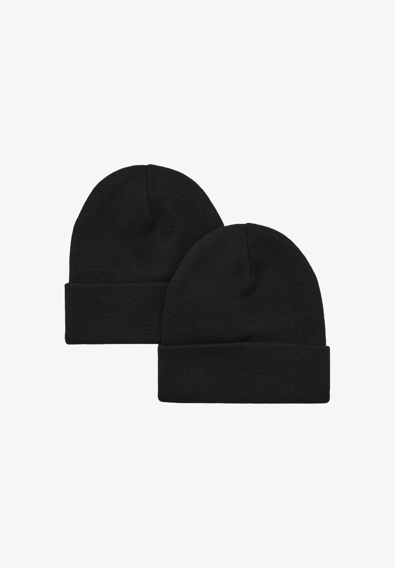 Due berretti neri lavorati a maglia con una texture morbida, caratterizzati da un risvolto e una parte superiore arrotondata. Design semplice e classico senza decorazioni.