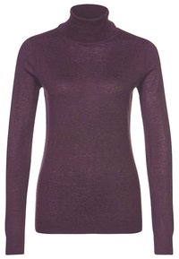 Rolák v tmavě purpurové barvě, vyrobený z měkkého materiálu. Přiléhavý střih s dlouhými rukávy, žebrovaným výstřihem a manžetami, hladká textura, minimální detaily.
